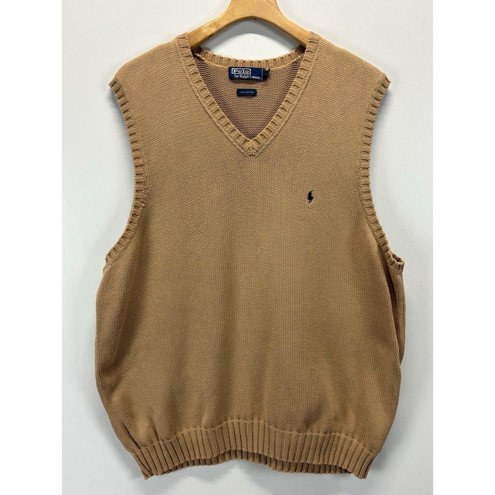 Vtg Polo Ralph Lauren Sweater Vest Sz 2XB Mens Tan Big & Tall Preppy 90s